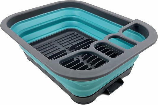 SAMMART 7.3L (1.9 Gallon) Collapsible Plastic Dish Drainer with Drainer Board - Foldable Drying Rack Set - Portable Dinnerware Organizer - Space Saving (Grey/Crystal Blue)