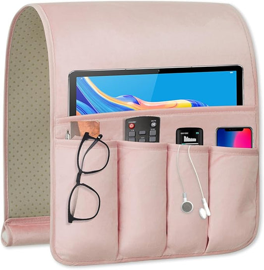 WETRBWEH Remote Control Holder for Armchair，Couch Caddy Organizer TV Remote Holder for Bed Storage 5 Pockets，Remote Caddy Bedside Organizer Bedside Table Organizer (Pink, 35"x12.4")