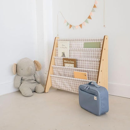 3 Sprouts Recycled Fabric Kids Bookshelf – 4-Tier Sling Book Rack Organizer - Nursery Room Playroom Classroom Wooden Book Shelves - Kid Bookcase Wood Storage Shelf for Toddler Age 3+ - Gingham Beige | Recycled Fabric, Organizer, Nursery Room, Playroom,...