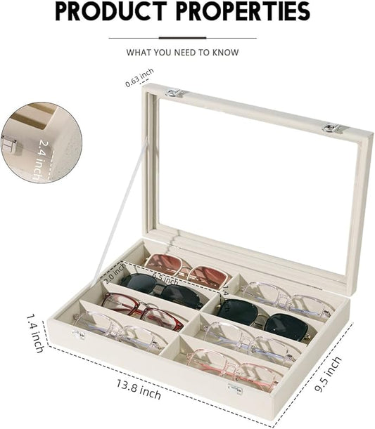 XHMQYC Glasses Holder Box Drawer Sunglass Organizer for Men Clear Wide Storage Case 8 Slots Multiple Reading Glasses Display, Beige Velvet With Clear Glass Lid