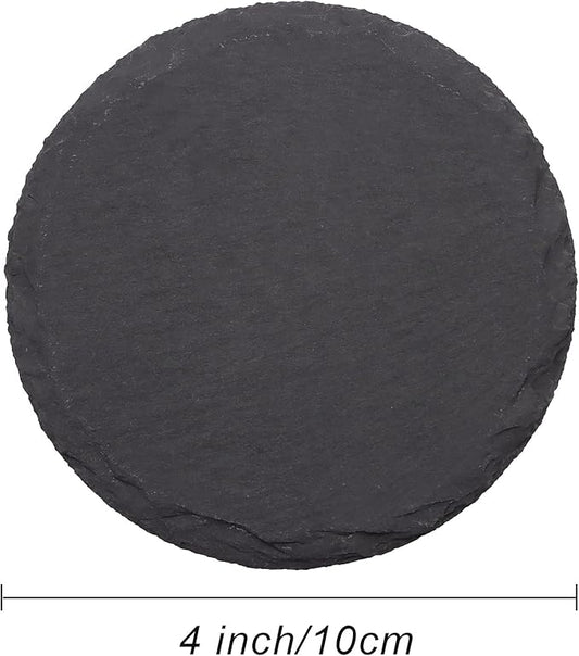 24 PCS Round Slate Drink Coasters Set, SIJDIEE 4 Inch Laser Engraving Black Slate Stone Coasters with Anti-Scratch Bottom and Coaster Holder for Office Bar Kitchen Home Dinner Table Decor Supplies