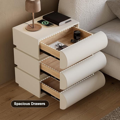 homary Smart Nightstand with Wireless Charging, USB & Type-C Ports – Modern White Leather Night Stand with 3 Drawers, Bedside Table for Bedroom