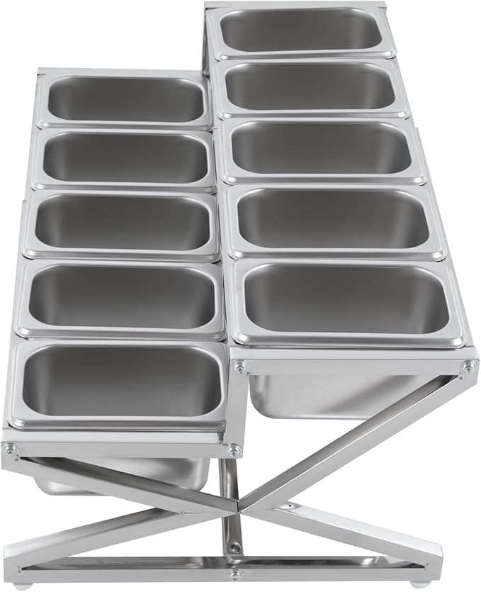 LIYABIN Expandable Stainless Steel Spice Rack Organizer with 10 (1.59 Qt) Lidded Pans, Adjustable 14-25.6 Inch 2-Tier Shelf for Kitchen Counter, Cabinet & Commercial Use