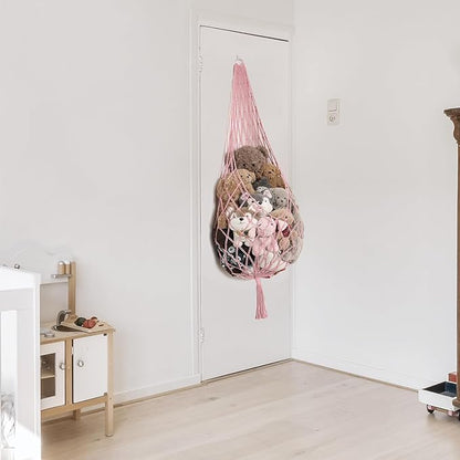 Stuffed Animal Hammock Corner Hanging Net for Stuff Animal Storage Macrame Plush Toy Holder-Perfect for Tiny Space Walls-Kid Bedroom Decor Nursery Playroom Organizer (Light Pink XL)