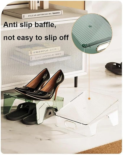Double Layer Shoe Slots Organizer 9.84” X 9.05” X 5”In Stacker Space-Saving Storage Holder - Transparent Plastic Shoe Rack For Closet Shelf (Black, 6pack)