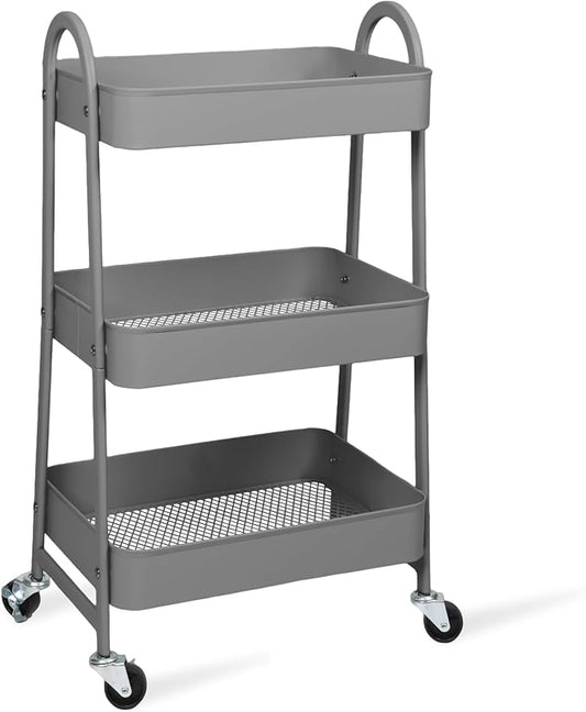 Rolling Carts with Wheels, 3 Tier Storage Cart for Kitchen Snack Cart with Lockable Wheels, Utility Storage Organizer Carts Diaper Cart for Nursery, Grey