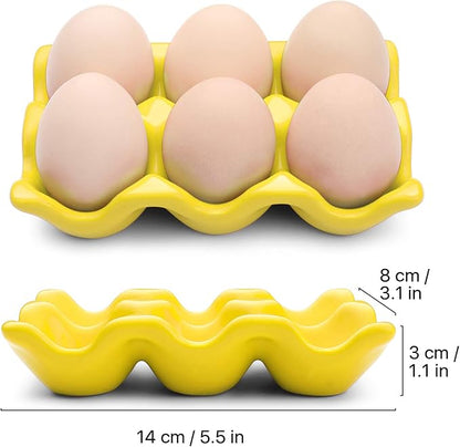 Flexzion Porcelain Egg Crate - 6-Capacity Ceramic Tray, Half Dozen Holder for Fridge, Countertop Display - Yellow Decorative Serving Dish and Storage Organizer, 2 Pack