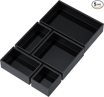 Bamboo Drawer Organizer Set, 5 PCS Multi-use Varied Sizes Junk Drawer Organizer Kitchen Storage Box for Office, Home, Bedroom, Bathroom, Black