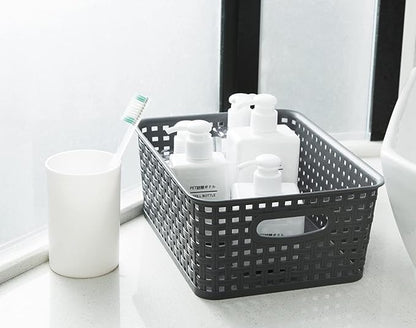 Grey Plastic Woven Storage Basket, 6-Pack Weave Gray Basket Organizer for Kitchen Office Bathroom