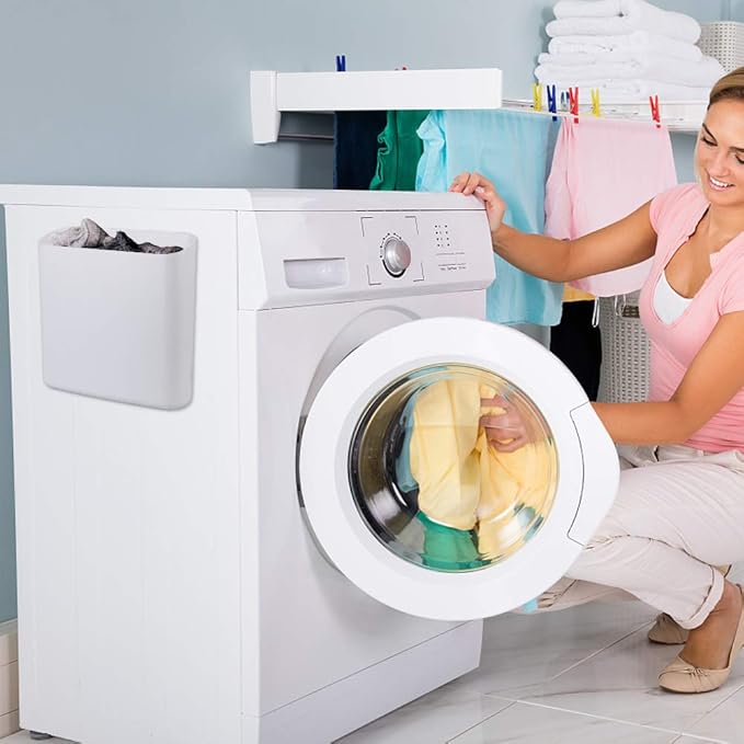 Lint Holder, Large Magnetic Laundry Bin for Dryer, Space-Saving Trash Container Hanging on Dryer, Washer or Wall Mount (White)