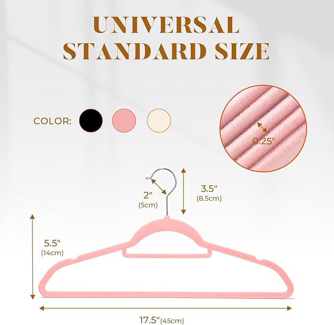 HOUSE DAY Velvet Hangers 60 Pack, Non-Slip Hangers with Tie Bar, Premium Standard Clothes Hanger Slim Felt Hanger 360° Swivel Hook for Closet Organized Storage Elegance Pink 72g/Pc