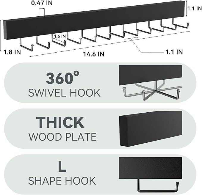 HOMEBROS Tie Rack Wall Mount, Wooden Closet Tie Hanger with 24 Metal Hooks, Large Capacity, Black, 2 Pcs