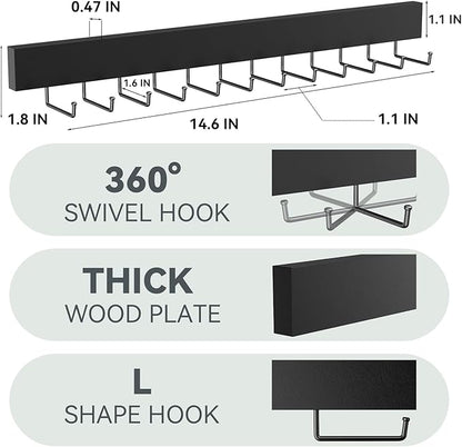 HOMEBROS Tie Rack Wall Mount, Wooden Closet Tie Hanger with 24 Metal Hooks, Large Capacity, Black, 2 Pcs