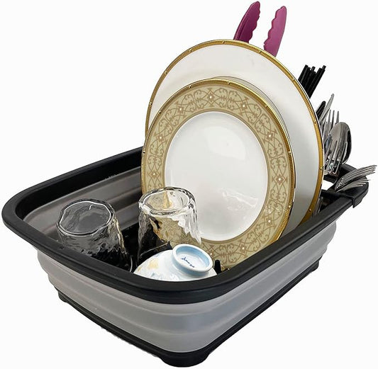 SAMMART 8L (2.11Gallons) Collapsible Plastic Dish Drainer - Foldable Drying Rack - Portable Dinnerware Organizer - Space Saving Kitchen Utensil Storage Tray (Black/Alloy Grey)