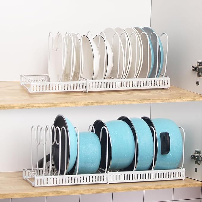 WUETOAYA Expandable Pots and Pans Organizer Rack, Pot Lid Kitchen Cabinet Organizer Holder with 10 Adjustable Compartment, Cookware Rack for Kitchen Cabinet Storage, White