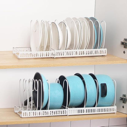 WUETOAYA Expandable Pots and Pans Organizer Rack, Pot Lid Kitchen Cabinet Organizer Holder with 10 Adjustable Compartment, Cookware Rack for Kitchen Cabinet Storage, White