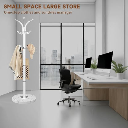 Metal Coat Rack Stand with Natural Marble Base, Modern Coat Rack Freestanding, 360°Rotary Coat Racks with 14 Hooks, Heavy Duty Coat Hall Tree Hanger Stand for Entryway, Office