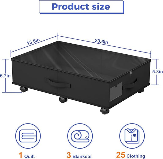 Babenest 4-Pack Under Bed Storage Organizer with Clear Zippered Lid, Foldable Rolling Underbed Drawers on 6 Wheels, Space Saving Clothes, Shoes, Toy Storage for Bedroom, Dorm, Closet