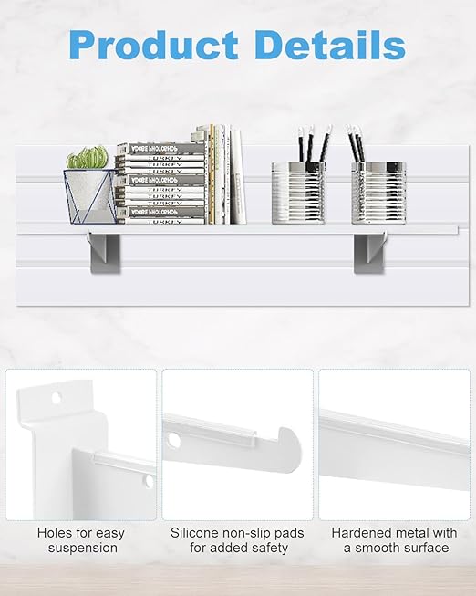 MUZIK 6PCS Slatwall Shelf Brackets, 12" White Metal, Heavy Duty, Wall Mount, Set of 6