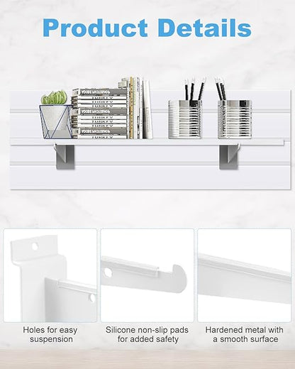 MUZIK 6PCS Slatwall Shelf Brackets, 12" White Metal, Heavy Duty, Wall Mount, Set of 6