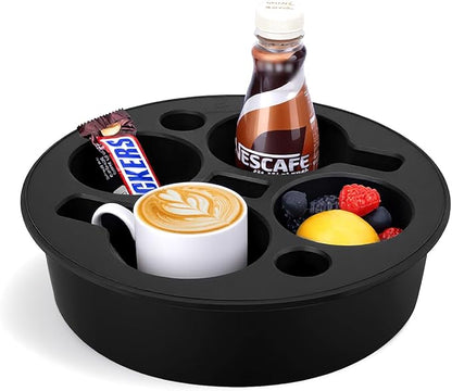 Couch Cup Holder Tray Round, Bonfixe 4-Cups Bedside Drink Holder for Elderly/Pregnancy, Stable Non-Spill Silicone Couch Caddy for Remote Control, Glasses‌, Snacks, Phones‌ (Black)