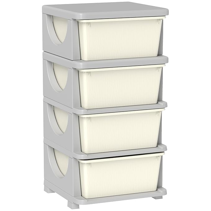 Qaba 4 Tier Kids Storage Unit, Toy Organizers and Storage with 4 Drawer Chest for Kids Bedroom Nursery Kindergarten Living Room for Boys Girls Toddlers, Cream White