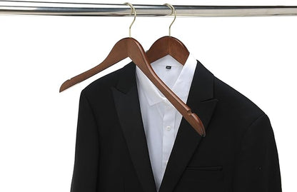 Quality Semi Curved Wooden Suit Hangers, 80-Pack Smooth Finish Solid Wood Coat Hanger with Swivel Hook, Jacket, Pant, Dress Clothes Hangers (Walnut - Gold Hook, 80)