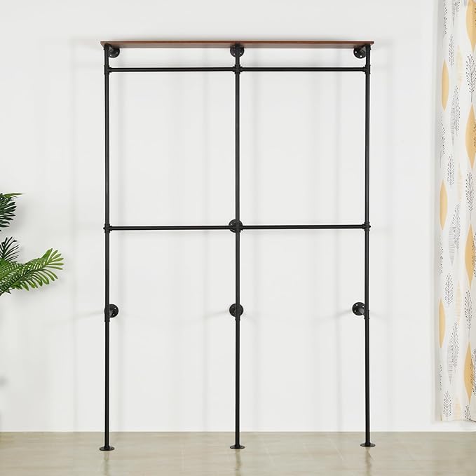Garment Rack Heavy Duty Racks, Modern Simple Industrial Pipe Double Hanging Rods Clothing with Shelves, Freestanding Portable Wardrobe Closet Rack for Hanging Clothes, 93in Black