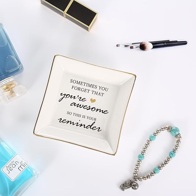 JOYIMARR You're Awesome Gifts: Inspirational Gifts for Women - Best Friends, Mom, Sister, Coworker, Valentine's, Retirement, Christmas - Ceramic White Ring Trinket Dish Jewelry Tray
