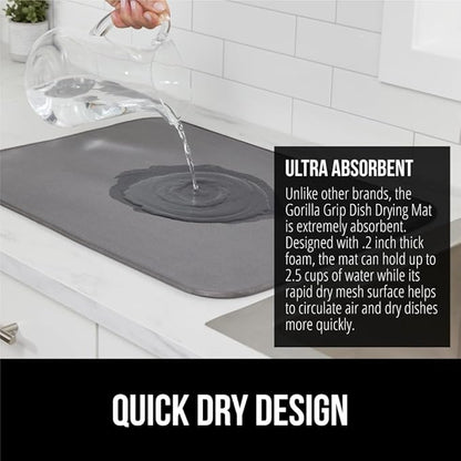GORILLA GRIP Ultra Water Absorbent Microfiber Dish Drying Mat, 18x24, Quick Dry Thick Mesh, Slip Resistant Pad for Sink Dishes or Under Rack, Kitchen Counter Accessories, Machine Wash, 2 Pack Gray