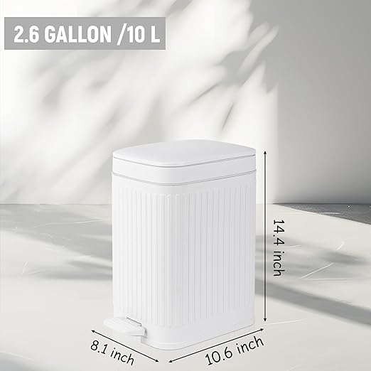 rejomiik Small Bathroom Trash Can with Lid Slim Soft Close Garbage Can Step Wastebasket Container Trash Bin for Office Bedroom Kitchen Living Room (2.6 Gallon White)
