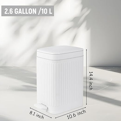 rejomiik Small Bathroom Trash Can with Lid Slim Soft Close Garbage Can Step Wastebasket Container Trash Bin for Office Bedroom Kitchen Living Room (2.6 Gallon White)