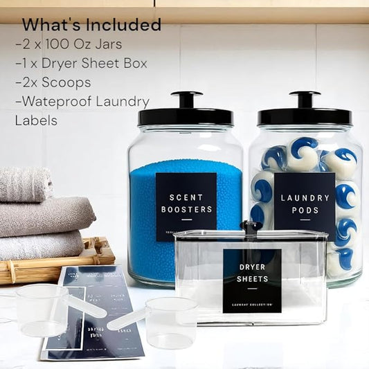Glass Laundry Room Organization and Storage Set with Containers for Laundry Pods, Dryer Balls, Fabric Softener, Scent Booster Acrylic Dryer Sheet Holder 2 Large Glass Jars Labels and Scoops (3)