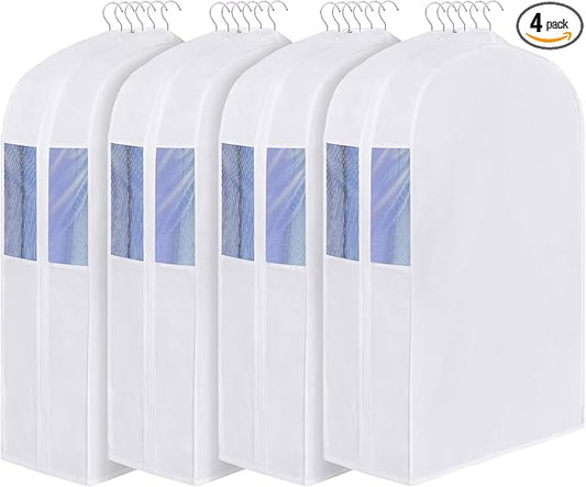 Univivi Premium Cotton Garment Bags for Hanging Clothes, 32 Inch Washable Suit Bags for Closet Storage with Extra Large 10" Gusset & Clear Window - Perfect for Shirts, Short Skirt - 4 Pack