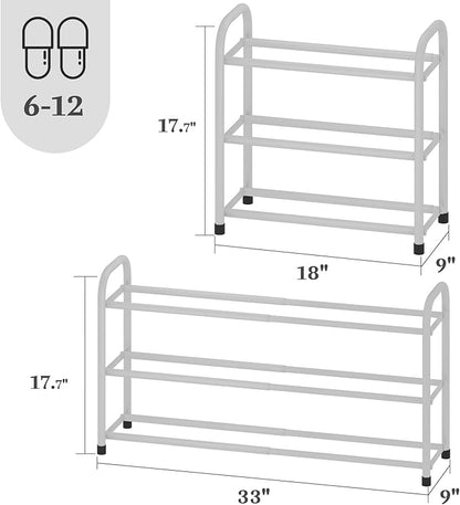 Expandable Shoe Rack, 3-Tier Metal Small Shoe Rack, Adjustable Shoes Organizer, Storage Shelf for Closet, Entryway, White