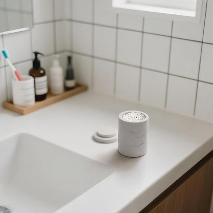 WORHE Marble Canister with Lid Natural Qtip Holder for Cotton Swabs, Balls, Pads, Floss Picks, Bath Salts - Vanity Makeup Storage Organizer Bathroom Essentials Accessories Decor White (DL011)