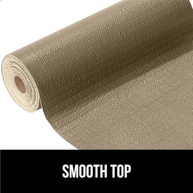 GORILLA GRIP DripGuard Shelf Liner, Non Adhesive Drawer and Kitchen Cabinet Protector, Slip Resistant BPA Free Smooth Surface Plastic Liners for Cabinets, Bathrooms, Closets, 17.5x240 Inch, Beige