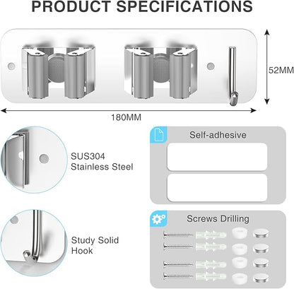 Wall Mount Mop and Broom Holder, Heavy Duty Stainless Steel Organizer Rack with Hooks | 2-Pack, 2-in-1 No Drill & Screw Installation, Silver