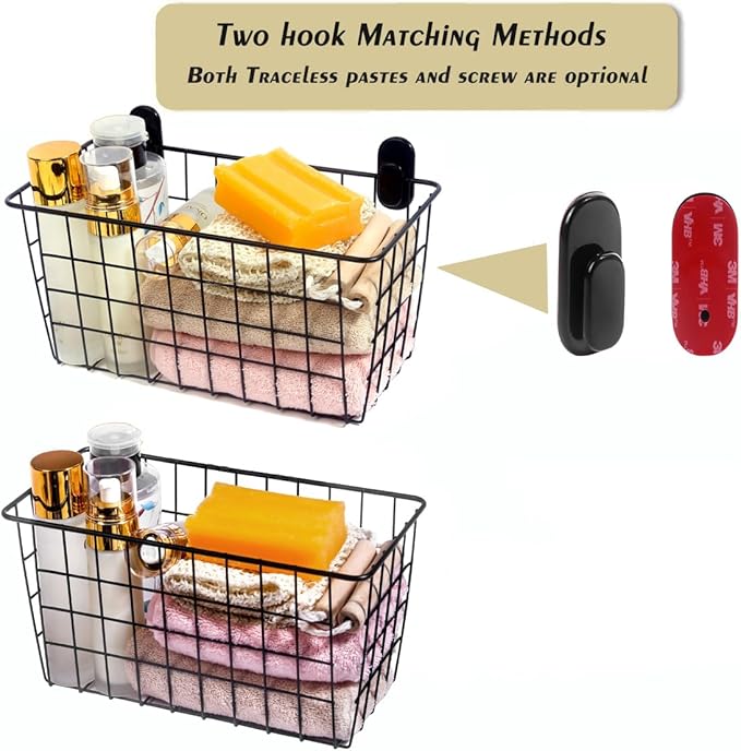 3 Pack【Extra Large】Hanging Kitchen Basket,Wire Storage Basket,with Traceless Tape and High-Strength Nylon Hooks,no Drilling,for Cabinet Storage,Kitchen,Bathroom,Storage Room,large capacity