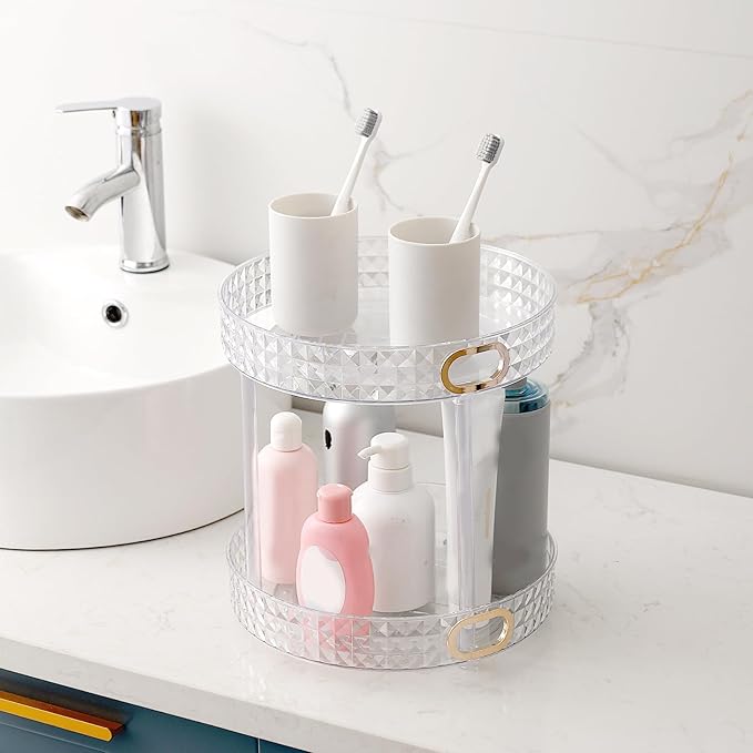 Xonusin 360° Rotating Makeup Organizer, 2 Tier Large Perfume Organizers with Portable Handle for Vanity Bathroom Countertop, Bathroom Counter Organizer for Cosmetics Skincare Perfume