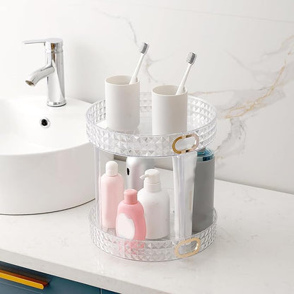 Xonusin 360° Rotating Makeup Organizer, 2 Tier Large Perfume Organizers with Portable Handle for Vanity Bathroom Countertop, Bathroom Counter Organizer for Cosmetics Skincare Perfume