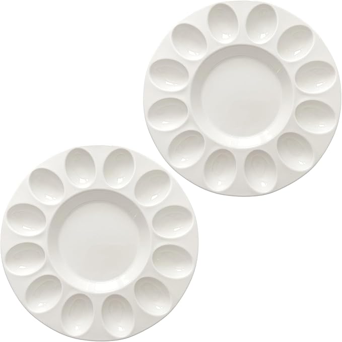 echomerx 10" White Ceramic Deviled Egg Serving Platters - 2 Round Ceramic Dishes, Trays Holds 12 Eggs ea. - Ideal for Easter Christmas Entertaining - 2-Pack