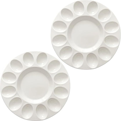 echomerx 10" White Ceramic Deviled Egg Serving Platters - 2 Round Ceramic Dishes, Trays Holds 12 Eggs ea. - Ideal for Easter Christmas Entertaining - 2-Pack