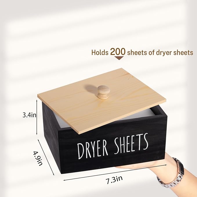 zoocatia Laundry Room Decor Dryer Sheet Container Wood Detergent Dispenser Holder Organization and Storage Box with Lid for Dryer Balls, Laundry Pods, Black