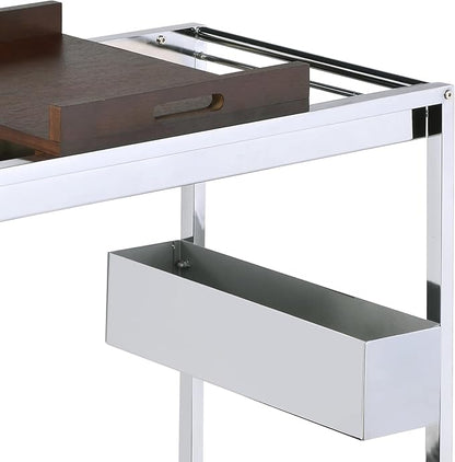 Lisses Chrome Finish Modern Bar Cart with Wood Shelves, Metal Frame, Wine Rack Storage, 30x16x31 Inch, Rolling Wheels, Walnut