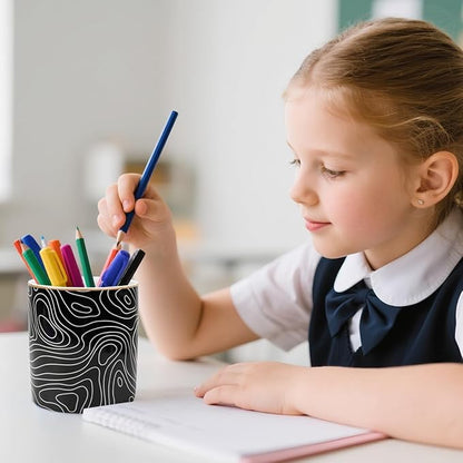 WAVEYU Pen Holder, Pencil Cup for Desk, Cute Makeup Brush Holder, Durable Ceramic Organizer Decor for Room, Office, Classroom, Abstract Pattern