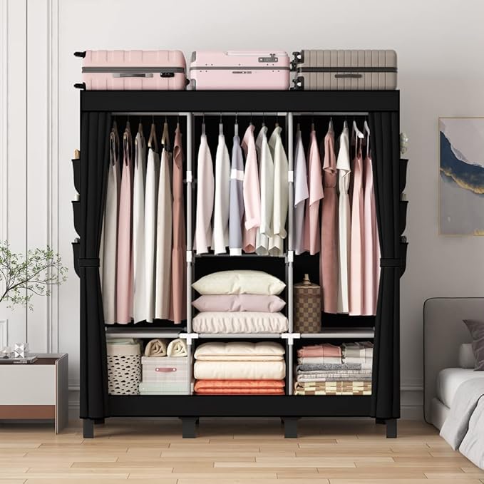 Portable Wardrobe, Clothes Organizer, Easy Hanger Wardrobe, Multiple Dividers and 3 Drawers, 6 Side Pockets Large Capacity (Black)