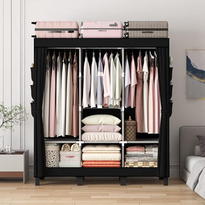 Portable Wardrobe, Clothes Organizer, Easy Hanger Wardrobe, Multiple Dividers and 3 Drawers, 6 Side Pockets Large Capacity (Black)