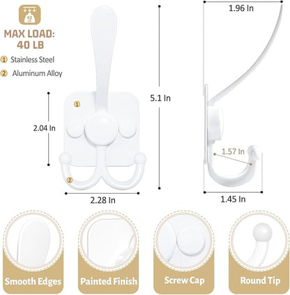VIS'V 3 Prong Coat Hooks Wall Mount, Metal Self Adhesive Entryway Wall Hooks, 2 Mount Options, White, 4 Pcs