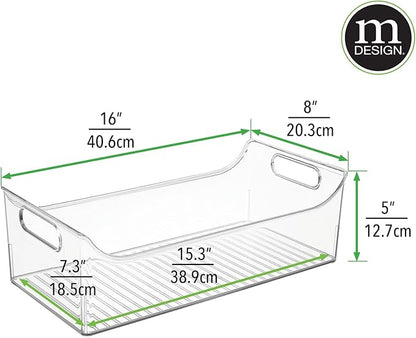 mDesign Slim Plastic Kitchen Pantry Cabinet, Fridge or Freezer Storage Bin with Handles - Organizer Containers for Fruit, Yogurt, Snacks, Pasta - 16" Long - Ligne Collection - 4 Pack - Clear